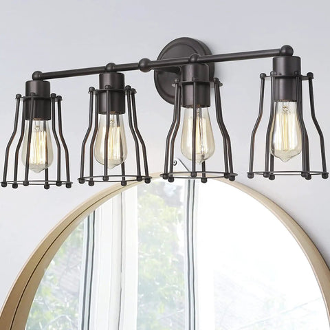 Sleek Oil Rubbed Bronze Modern Industrial Vanity Light With Four Lights And Metal Cage Shade Reversible Wall Sconce For Mirror Or Hallway LED Bulbs Included over a mirror