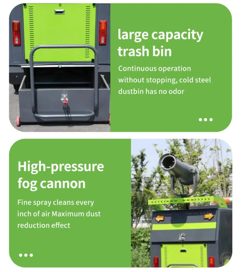 Ride On Industrial Floor Sweeper For Commercial Buildings And Warehouses with large trash bin and high-pressure fog cannon.