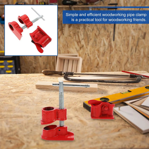 Lightweight Three Quarter Inch Quick Release Pipe Clamp in red on woodworking table in home workshop