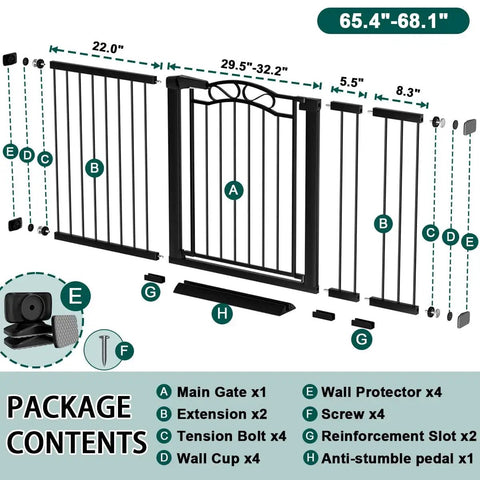Ultra Wide Baby Gate With Door, Fits 65.4 To 68.1 Inches, 30 Inch Tall, Pressure Mounted No Drill, Indoor Tension Metal Safety Gate parts shown