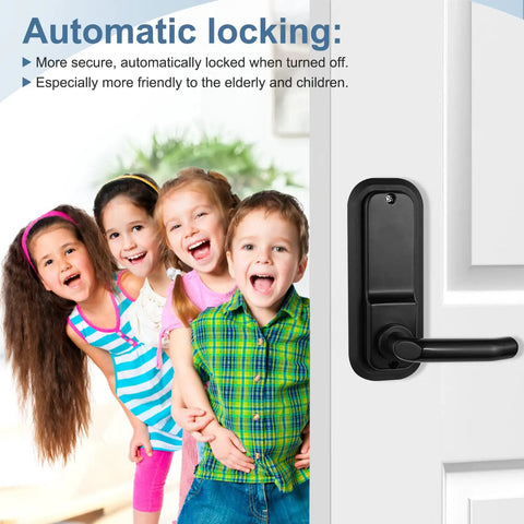 No Sweat Heavy Duty Outdoor Keyless Padlock With Solid Zinc Mechanical Keypad Weatherproof Adjustable Deadlatch Built Different For Fence Gates And Storage Entries Matte Black Finish shown with children in front of a door.