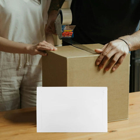 Rigid Self Seal Mailers 90 Pack White Cardboard Envelopes in front of a packed cardboard box being sealed with tape
