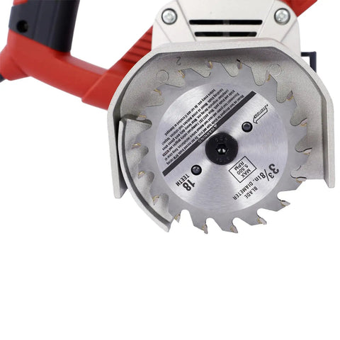 Heavy Duty Corded Toe Kick Circular Saw Delivers Knockout Flush Cuts And Quick Dial In Precision Depth Adjustments For Slick Cabinet Install And Floor Trim Work close-up of a circular saw's blade against a white background.