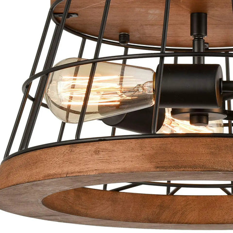 Close-up of Round Wood Ceiling Light Fixture, Rustic Drum Flush Mount with Brown Oak Finish and Black Metal Wire Cage, bulb exposed.