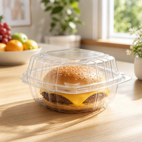 Snag This 50 Pack Super Sealed Hinged Food Containers With Secure Flip Top Lids For Cake Slices Pastries And Quick Bites totally leak proof square clamshell boxes containing a cheeseburger.