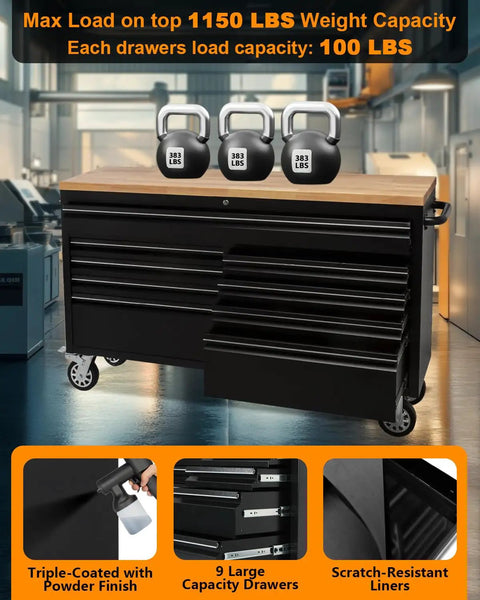 Front view of 61 Inch Heavy Duty Rolling Tool Chest And Mobile Workbench With Pro Grade 9 Drawers And Rubber Wood Top Key Locking System Drawer Liners And Steel Storage Cabinet For Garage Workshop And Warehouse Organization.
