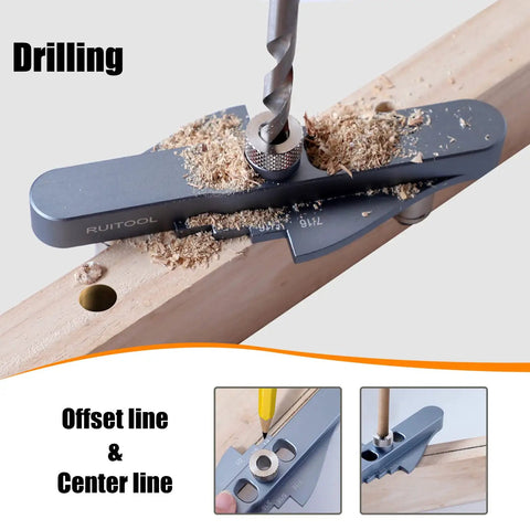 Self Centering Dowel Jig Kit With Line Scriber And Drill Guide For Precise Straight Holes Pro Grade used on wood block