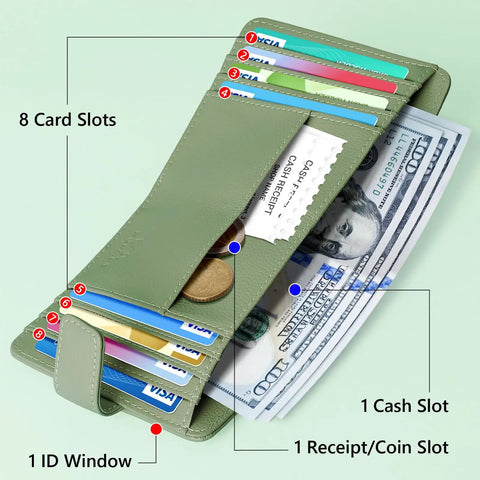 Slim Womens Bifold Wallet With 9 Card Slots, RFID Blocking, ID Window, in green, open with cards and cash in slots.