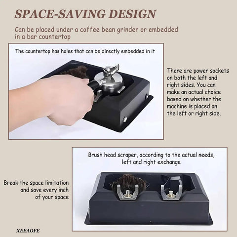 Electric Portafilter Cleaner With Rugged Knock Box No Sweat Espresso Cleanup Gear For Serious Baristas Rapid Spin Drum Blasts Out Crusty Grounds Without Any Fuss, showing space-saving design with embedded coffee grinder slot.