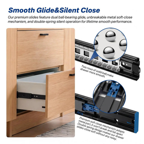 Heavy Duty Soft Close Drawer Slides With Hella Smooth Hydraulic Dampers And Tough One Hundred Pound Load Rating Steel Cabinet Glides Two Pair Kit For Quick Home Upgrades, showing ball-bearing glide and soft-close mechanism.