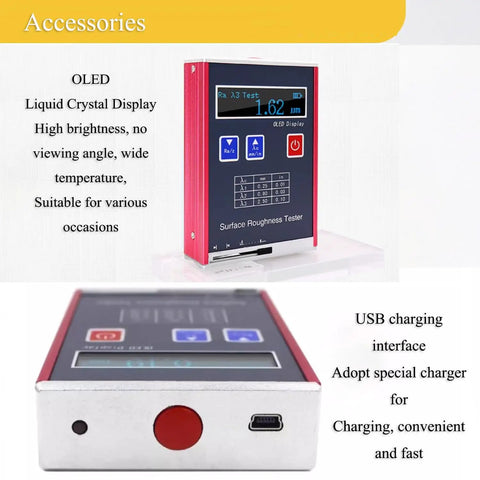 Must Have Pro Grade Surface Roughness Gauge Meter With USB Data Output And OLED Display, side and front view