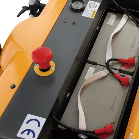 Close-up of controls and battery of Heavy Duty Counterbalanced Electric Pallet Stacker With 2200 Pound Capacity.