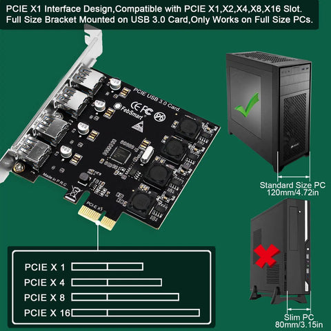 Four Port USB 3.0 PCIe Expansion Card with Self Powered Technology Delivers 5Gbps USB A Ports X1 PCIe Interface Plug And Play