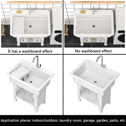 Freestanding Plastic Laundry Sink With Detachable Washboard And Hot And Cold Faucet Hoses And Drain Kit Indoor Outdoor Utility Sink