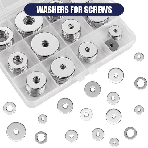 Stainless steel flat washer set in a clear plastic organizer, 100 pcs, 12 sizes M3–M12.