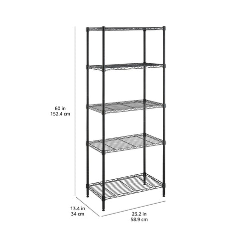 Heavy Duty Wire Shelving Rack Adjustable Five Tier Garage Storage Organizer Unit With Tool Supply Holder Black Finish, 60" tall.