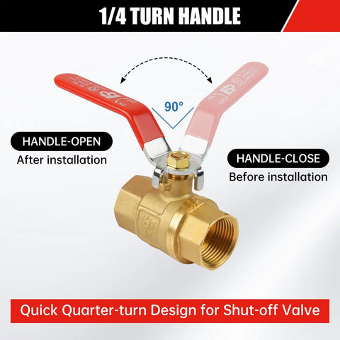 2 Pack Brass 1/2 Inch Full Port Ball Valve With Red Vinyl Handle NPT Female To Female 150 PSI showing 1/4 turn handle design