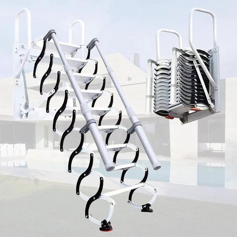Electric Attic Stairway With Fold Down Telescopic Steps And Secure Handrails for tight spaces with non-slip steps in matte black.
