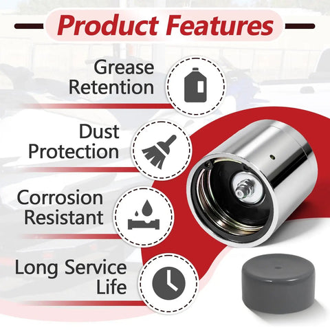 Product features of 4 Pack Trailer Wheel Bearing Protectors Bulletproof Direct Swap For Number 1980 Dust Caps, highlighting grease retention and dust protection.