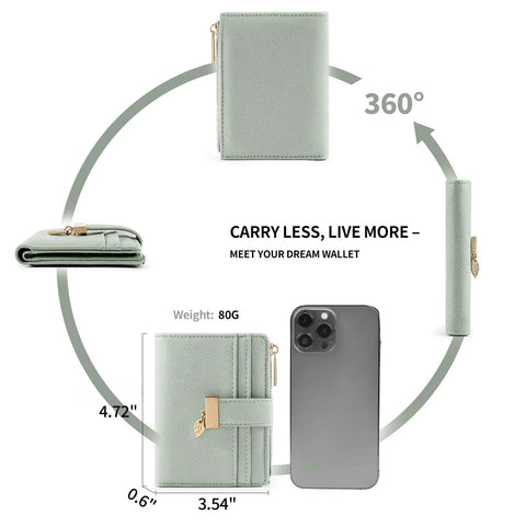 Ultra Slim Women Wallet With RFID Blocking Bifold Soft Leather Card Holder With ID Window Zipper Coin Pocket Seven Card Slots And Cash Pocket Minimalist Compact Design For Everyday Carry Green showcasing size and dimensions