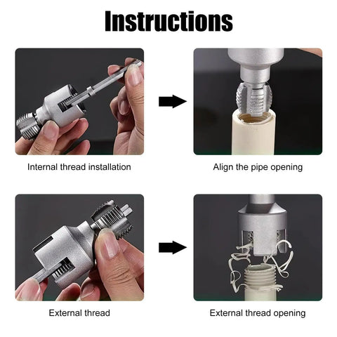 Drill Powered PVC Pipe Threader Dual Function Internal And External Threads No Fuss Tapping And Threading Tool usage instructions.