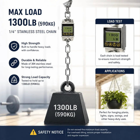 Beefy Quarter Inch Six Foot Grade 304 Stainless Steel Link Chain For Towing And Anchoring displays 1300LB load test and applications.