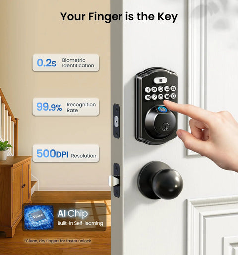 Keyless Fingerprint Door Lock With Keypad Deadbolt In Matte Black with user's finger activating the sensor, showing AI features.