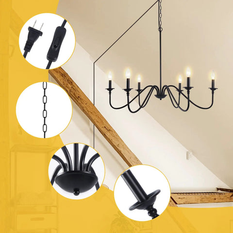 34.6 Inch Dimmable Plug In Chandelier With Cord 6 Light Modern Farmhouse Pendant Light for rustic ceiling and black finish