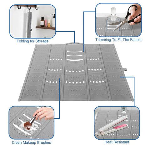 Real Deal Large Bathroom Sink Topper And Big Time Vanity Counter Mat Soft Silicone With Reinforced Steel Frame Heavy Load Bearing Waterproof Anti Slip Build For Low Maintenance Home Setup In Cool Grey, features for storing tools.