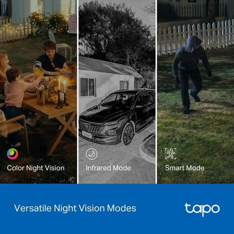 Image showing 2K Indoor Outdoor Wired Security Camera Kit For Dope Home Surveillance With Baby Monitor And Pet Cam, illustrating color night vision, infrared mode, and smart mode.