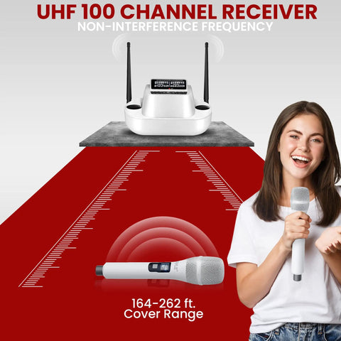 UHF Wireless Microphone System With Bluetooth Receiver, dual rechargeable mics, shown with 164-262 ft. cover range