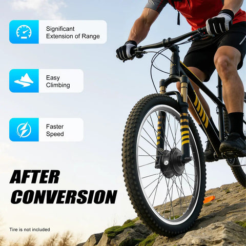 Cyclist riding a bike with a 36V 350W Electric Bike Conversion Kit For 26 Inch Front Wheel Hub Motor Set, highlighting post-conversion benefits.