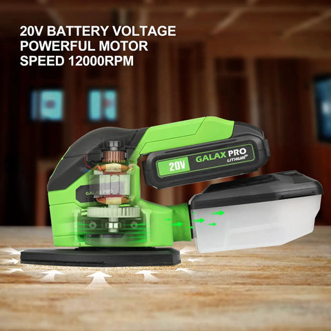 Green Galax Pro sander with 20V lithium battery and transparent dust collection box on a wooden surface in a workshop setting.