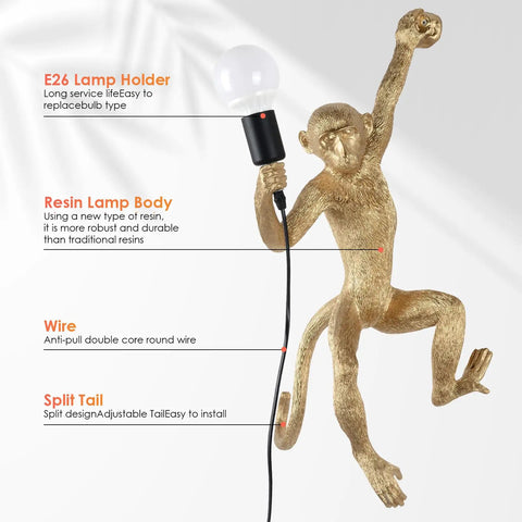 Golden monkey holding bulb from Modern Resin Monkey Wall Lamp With Hemp Rope Accent Vintage Vibe Monkey Pendant Light.