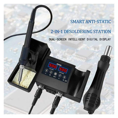 2 In 1 600W Digital Soldering Station With LCD Display Pro Grade Hot Air Rework Tool For BGA SMD PCB IC Repair Dual Temperature Readouts Low Noise Auto Cool Function Space Saving Design showing dual probes