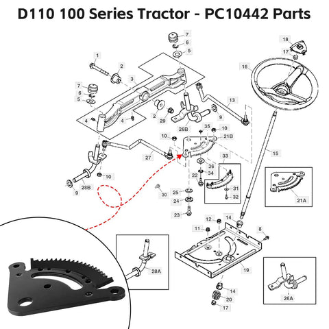 Premium Grade 19 Tooth Steering Sector Gear Kit For Lawn Tractors And Riding Mowers Heavy Duty Pinion Replacement with parts diagram.