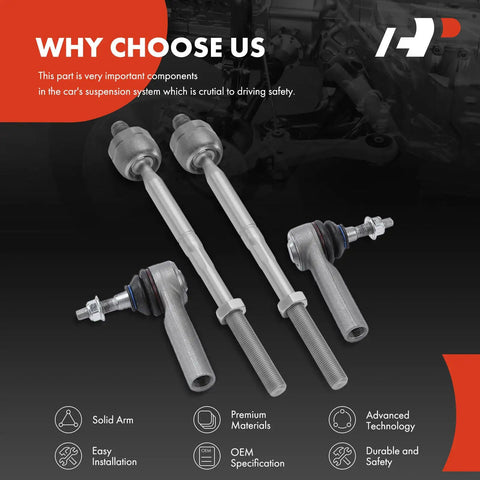 Ford Mustang Front Inner And Outer Tie Rod End Kit Replacement For 2015 2016 2017 2018 2019 Models Direct Fit Steering Tie Rods To Fix Loose Steering And Squeaky Clunky Noises, 4-piece set