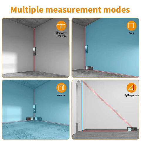 Dual Laser Distance Meter Workhorse With 393 Foot Range Aluminum Body Rechargeable Battery Real Time Measurements Every Half Second All In One Tool For Measuring Area Volume And Angles With 3mm Precision Class II Laser multiple measurement modes