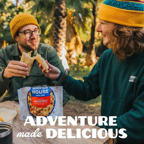 Outdoor scene with Classic Biscuits And Gravy Freeze Dried Camping Meal With 12 Servings And 30 Year Shelf Life Easy To Rehydrate