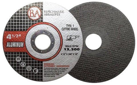 Front and back of 4.5-inch aluminum oxide cut-off wheel, Type 1 for angle grinder, showing 7/8 inch arbor, 25 pack, Benchmark Abrasives.