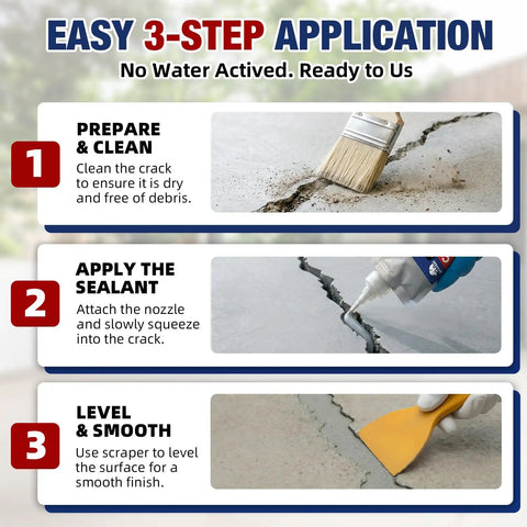 Easy 3-step application guide for Heavy Duty Concrete Crack Filler Self Leveling Cement Sealant Gray Caulk.