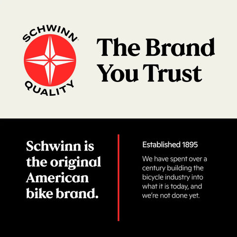 Logo with text 'Schwinn Quality' and 'The Brand You Trust', highlighting Schwinn as an established American bicycle brand.