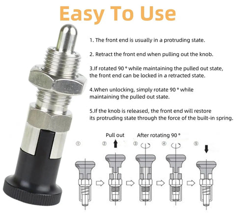 Stainless Steel Self Locking Plunger Pin With Spring Loaded Quick Pull Ring To Lock Down Tool Box Drawers Tight Built Tough For Clean Shop Setup Pro Grade M12 Fine Thread Hardware shown with usage instructions.