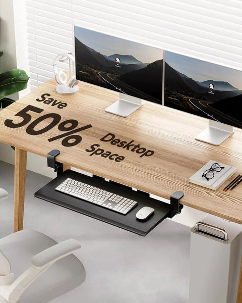 Under Desk Keyboard Tray With C Clamp Mount, 26.5 Inch Wide Sliding Keyboard And Mouse Tray For Home Office shown under wooden desk