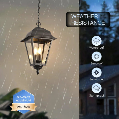Large Outdoor Pendant Light With Two Lights, 13 Inch Tall Modern Black Exterior Hanging Fixture With Clear Glass, weatherproof.