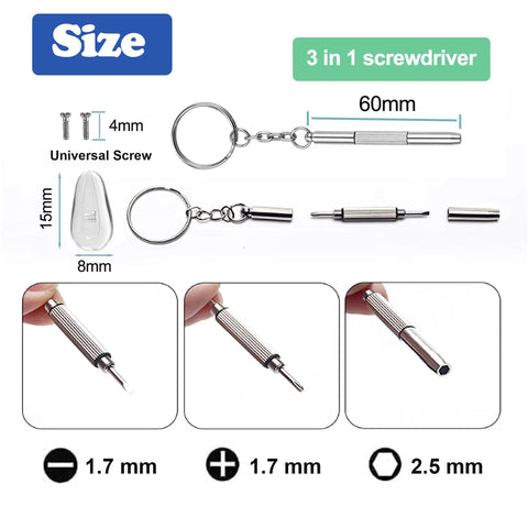 3 in 1 screwdriver tool included in Gripping Silicone Air Bag Eyeglass Nose Pads Replacement Kit for convenience.