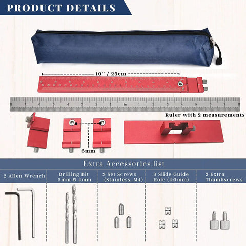 Precision Cabinet Door Handle Jig For Hardware Mounting With 5mm And 4mm Drill Guide includes ruler, drill bits, screws, and accessories.