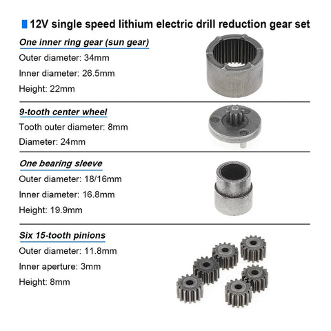 15 Tooth And 18 Tooth Charging Drill Gear Set 12V Two Speed Planetary Reduction Gear Kit with single speed gear components