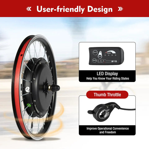 1000W 48V Front Wheel Hub Electric Bike Conversion Kit With LED Display Waterproof 20 Inch E Bike Hub Motor PAS System Controller And Thumb Throttle For Powerful Street Ready Build showing wheel, LED display, and throttle.