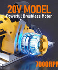 Heavy Duty Cordless Circular Saw With Slick 6 Inch Blade Compatible With Dewalt 20V Max System No Battery Included Portable Case And Precision Guide For Clean Wood And Pvc Cuts Built Tough No Sweat showing 20V brushless motor at 7000RPM.